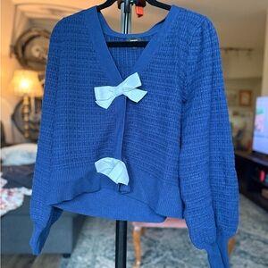 Express Royal Blue Knit Cardigan with Cream Bow Accents